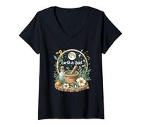 Women's Earth Quiet Autumn Herbal Witch Moon Magic Witchy V-Neck T-Shirt