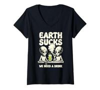Women's Earth Sucks We Need A Drink Funny Alien Beer Smoking Art V-Neck T-Shirt