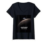 Women's Earthset 2026 This is Not Irony Moon Earthrise Space Graphic V-Neck T-Shirt