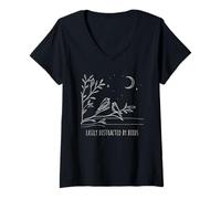 Womens Easily Distracted By Birds - Minimalist Birdwatcher V-Neck T-Shirt