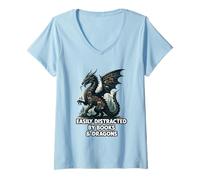 Womens Easily Distracted By Books & Dragons V-Neck T-Shirt