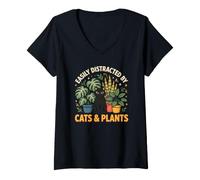Women's Easily Distracted By Cats and Plants Funny Succulent Quote V-Neck T-Shirt