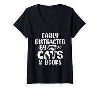 Womens Easily Distracted by Cats & Books - Animals Kittens Bookworm V-Neck T-Shirt