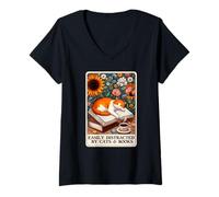 Women's Easily Distracted by Cats & Books Tarot Card V-Neck T-Shirt