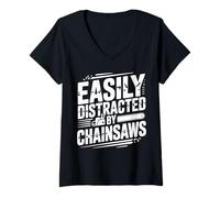 Womens Easily Distracted by Chainsaws Lumberjack Lumber V-Neck T-Shirt