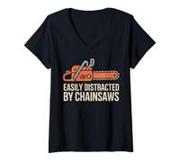Womens Easily Distracted by Chainsaws Lumberjack Lumber V-Neck T-Shirt