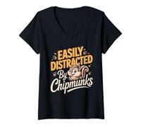 Women's Easily Distracted By Chipmunks Funny Nature V-Neck T-Shirt