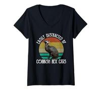 Women's Easily Distracted By Cornish Rex Cats V-Neck T-Shirt