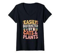 Women's Easily Distracted by Cute Cats and Happy Houseplants V-Neck T-Shirt