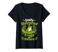 Women's Easily Distracted By Frogs Nature Lover V-Neck T-Shirt