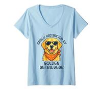 Women's Easily Distracted by Golden Retrievers Funny Dog Lover V-Neck T-Shirt
