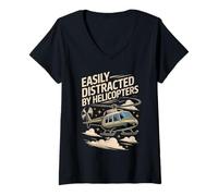 Womens Easily Distracted by Helicopters Cute Aviation Enthusiasts V-Neck T-Shirt