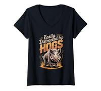 Women's Easily Distracted By Hogs Hunting Wild Boar V-Neck T-Shirt