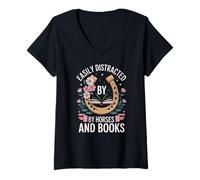 Womens Easily Distracted by Horses and Books Reading V-Neck T-Shirt