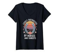 Womens Easily Distracted by Horses and Sunsets Retro V-Neck T-Shirt