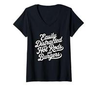 Womens Easily Distracted by Hot Rods and Burgers Fun Car Nut Humor V-Neck T-Shirt