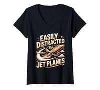 Women's Easily Distracted By Jet Planes Jet Aviation V-Neck T-Shirt