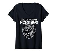 Womens Easily Distracted by Monstera Houseplant V-Neck T-Shirt