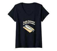 Women's Easily Distracted by Oil and Crackers Funny Sardine V-Neck T-Shirt