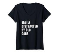 Womens Easily Distracted By Old Cars Vintage Style V-Neck T-Shirt