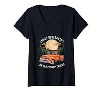 Womens Easily Distracted by Old Pickup Trucks Retro Style Design V-Neck T-Shirt