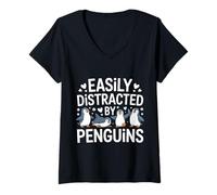Women's Easily Distracted By Penguins Cute Penguin Lovers V-Neck T-Shirt