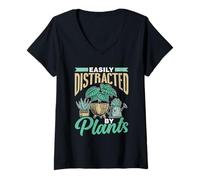 Womens Easily Distracted by Plants Botanics Gardening Botanist V-Neck T-Shirt
