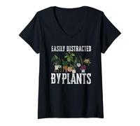 Womens Easily Distracted By Plants Botanist Gardener Plants Lover V-Neck T-Shirt