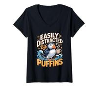 Women's Easily Distracted By Puffins Puffin Bird Lover V-Neck T-Shirt