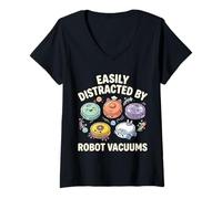 Women's Easily Distracted by Robot Vacuums Housekeeping V-Neck T-Shirt