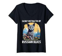Womens Easily distracted by Russian Blues V-Neck T-Shirt
