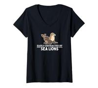 Women's Easily Distracted By Sea Lions Funny Sea Lion V-Neck T-Shirt