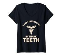 Womens Easily Distracted by Shark Teeth Funny Shark Hunter V-Neck T-Shirt