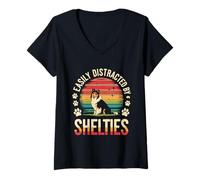 Womens Easily Distracted By Shelties Retro V-Neck T-Shirt