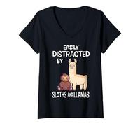 Women's Easily Distracted By Sloths and Llamas Sloth Alpaca Llama V-Neck T-Shirt