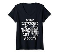 Womens Easily Distracted By Thai Cats And Reading Books V-Neck T-Shirt