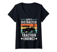 Women's Easily Distracted By Traction Engines V-Neck T-Shirt