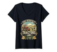 Women's Easily Distracted by Tractors and Cows Funny Farmer Ranching V-Neck T-Shirt