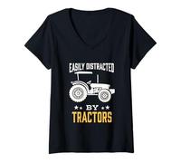 Womens Easily Distracted by Tractors Farmer Farm Farmer Field V-Neck T-Shirt