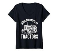 Women's Easily Distracted by Tractors for Farmers Men Boys V-Neck T-Shirt