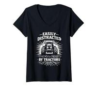 Women's Easily Distracted By Tractors Funny Farming, Farmer Life V-Neck T-Shirt