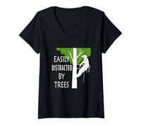 Womens Easily Distracted by Trees Ironic Arborist Tree Surgeon V-Neck T-Shirt