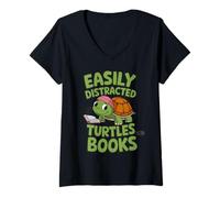Womens Easily Distracted By Turtles And Books Funny Reading V-Neck T-Shirt