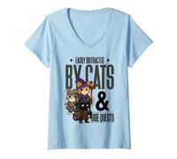 Womens Easily Distracted Cats Side Quest Funny RPG Video Game Gamer V-Neck T-Shirt