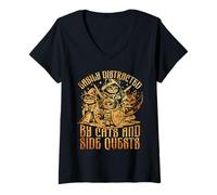 Womens Easily Distracted Cats Side Quest Funny RPG Video Game Gamer V-Neck T-Shirt