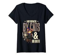 Womens Easily Distracted Cats Side Quest Funny RPG Video Game Gamer V-Neck T-Shirt