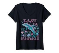 Womens EAST BEACH CA DOLPHIN COLORFUL BEACH SOUVENIR V-Neck T-Shirt