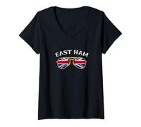 Womens East Ham United Kingdom Vintage Flag Sunglasses V-Neck T-Shirt