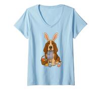 Women's Easter Basset Hound Dog Bunny Rabbit Ears Cute V-Neck T-Shirt