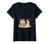 Women's Easter Bunnies Hunting Chocolate Eggs Pomeranian Floral V-Neck T-Shirt